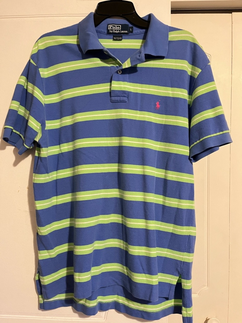 Polo Ralph Lauren Blue & Lime Striped Polo Men’s Size L Vintage Preppy Coastal